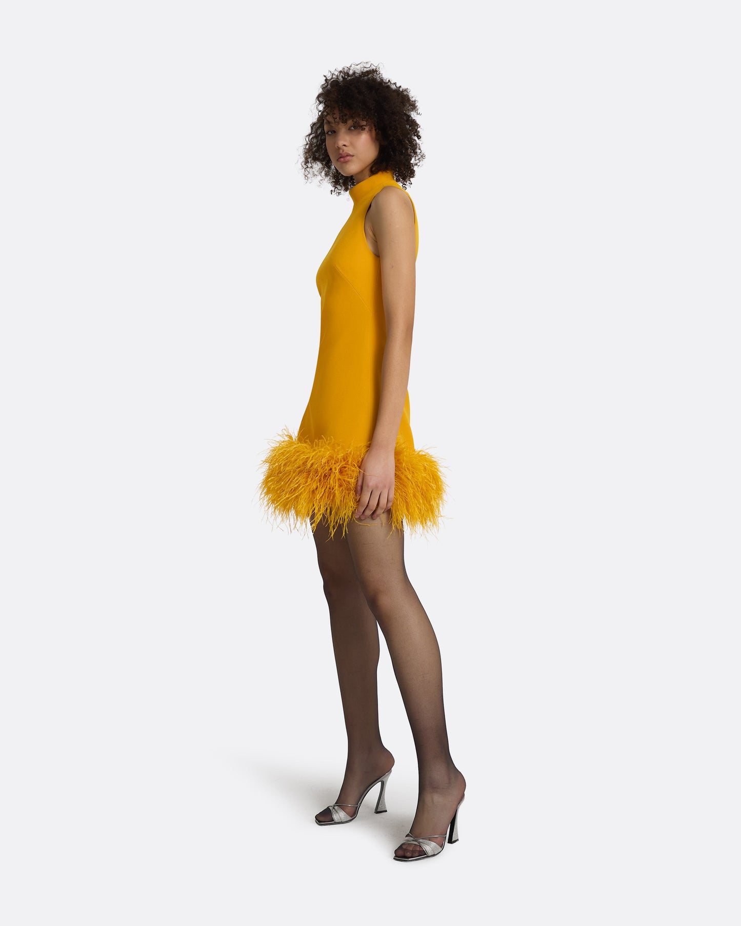 Ratana Ochre Feather-Trimmed Short Dress