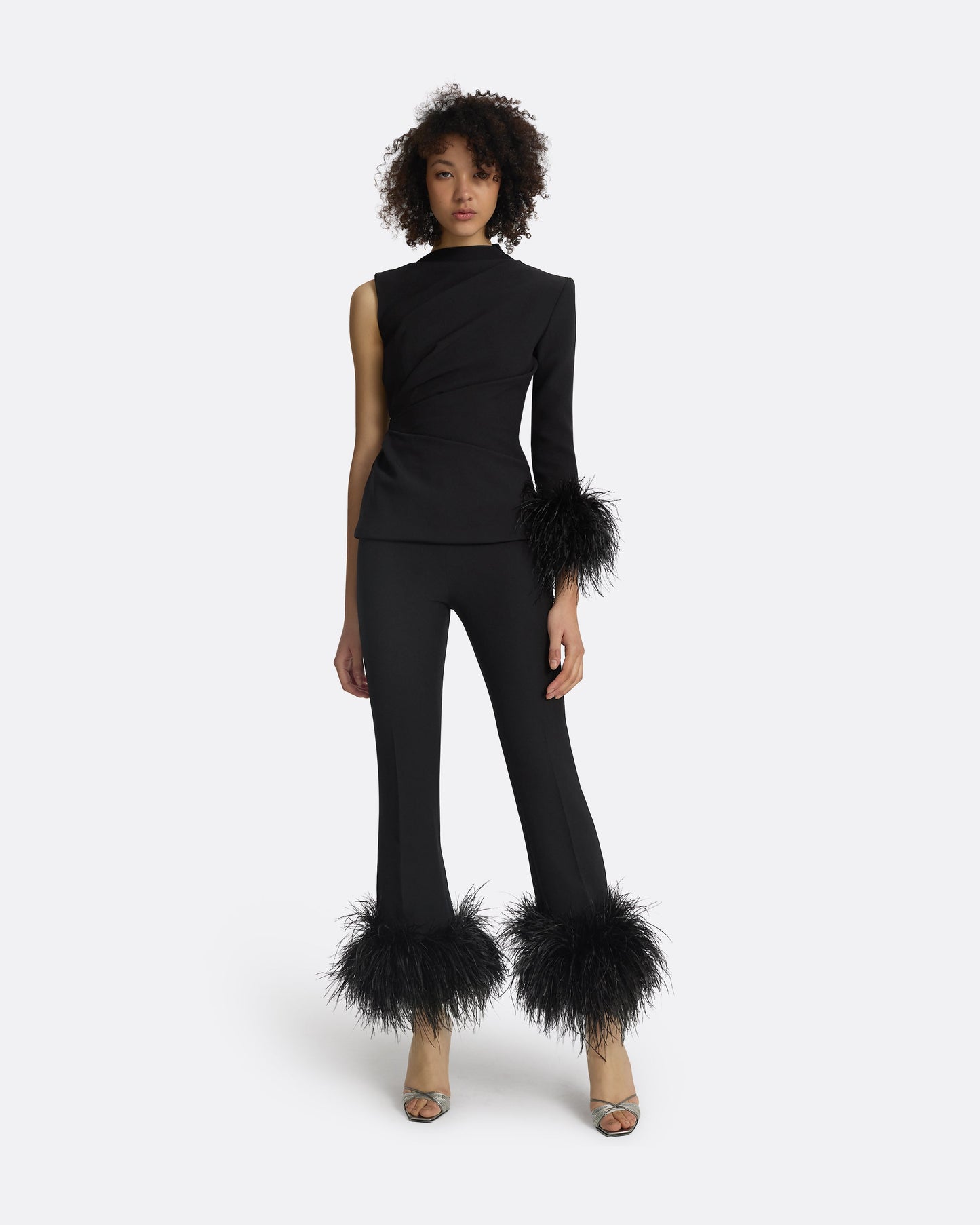 Mari Black Feather-Trimmed Trousers