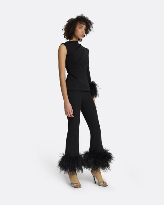 Mari Black Feather-Trimmed Trousers