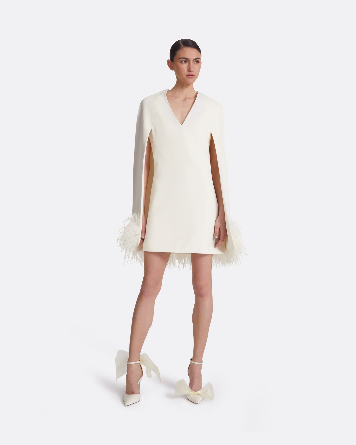 Rowenal Ivory Feather-Trimmed Short Dress