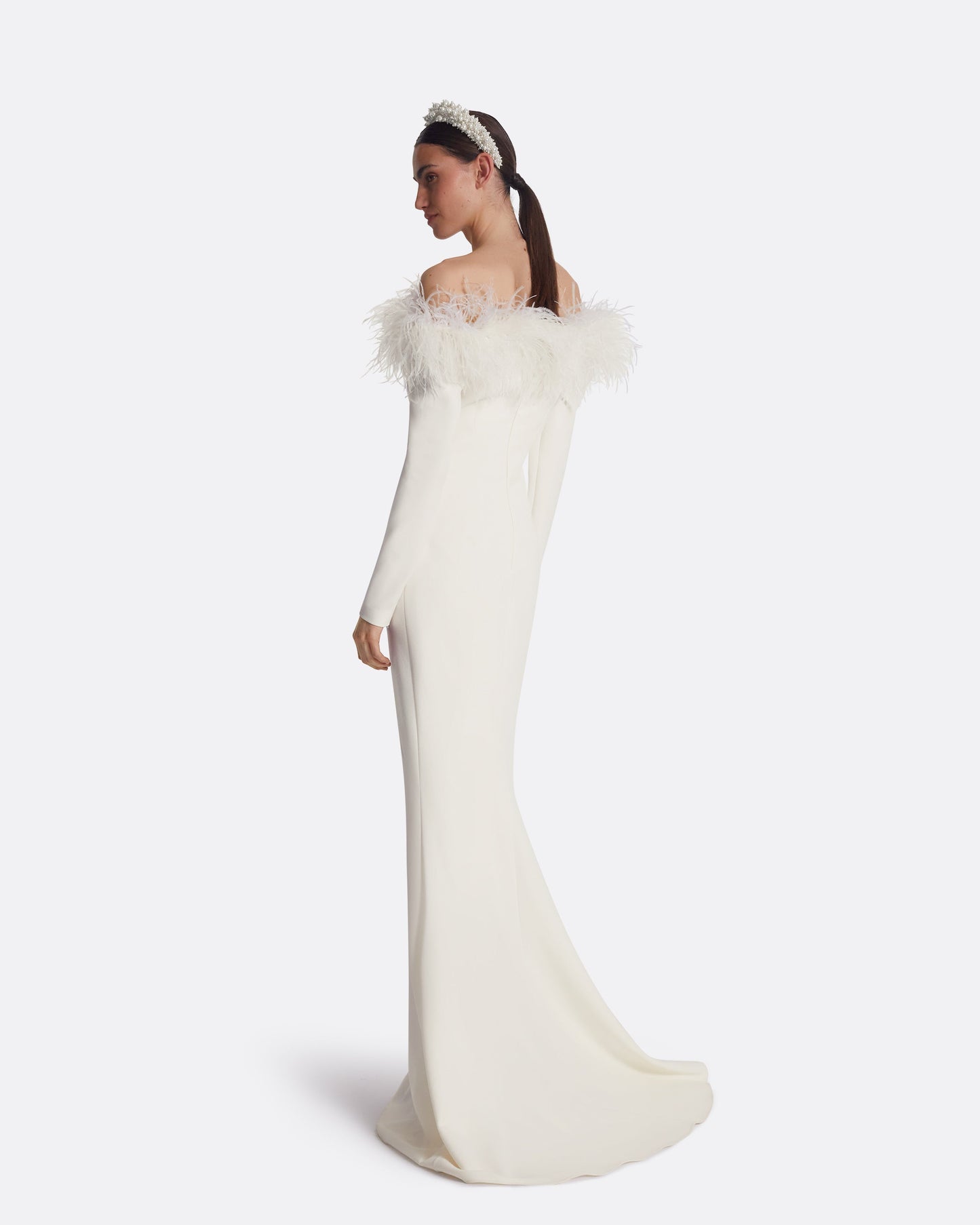 Starlana Ivory Feather-Trimmed Long Dress