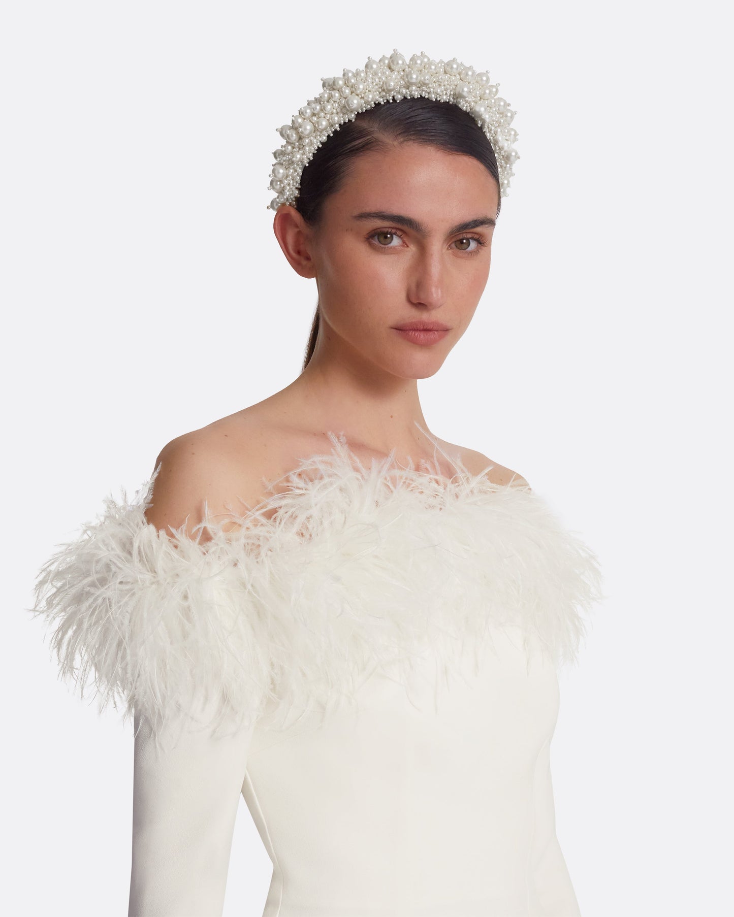 Starlana Ivory Feather-Trimmed Long Dress