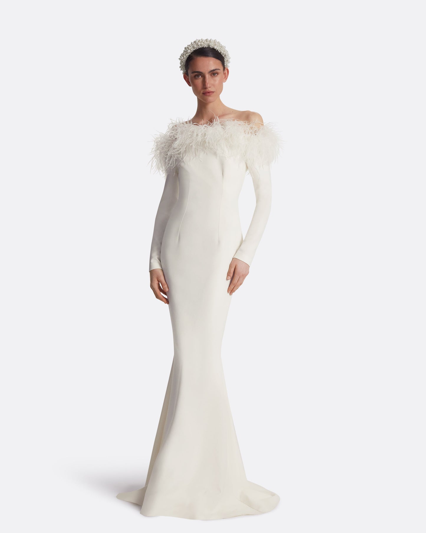 Starlana Ivory Feather-Trimmed Long Dress