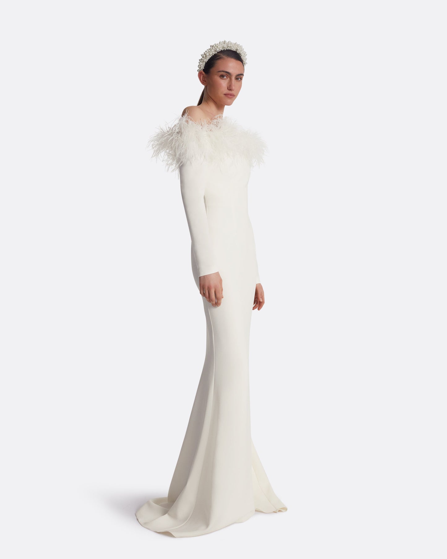 Starlana Ivory Feather-Trimmed Long Dress