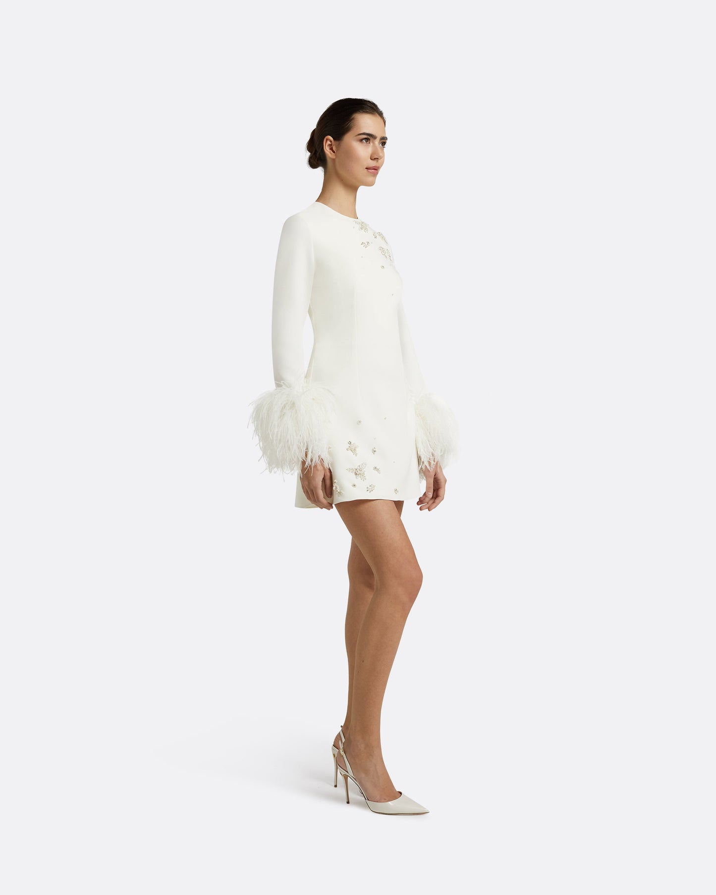 Rena Ivory Feather-trimmed Short Dress
