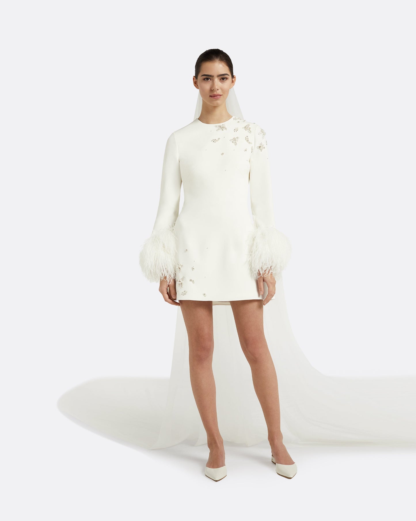 Rena Ivory Feather-trimmed Short Dress