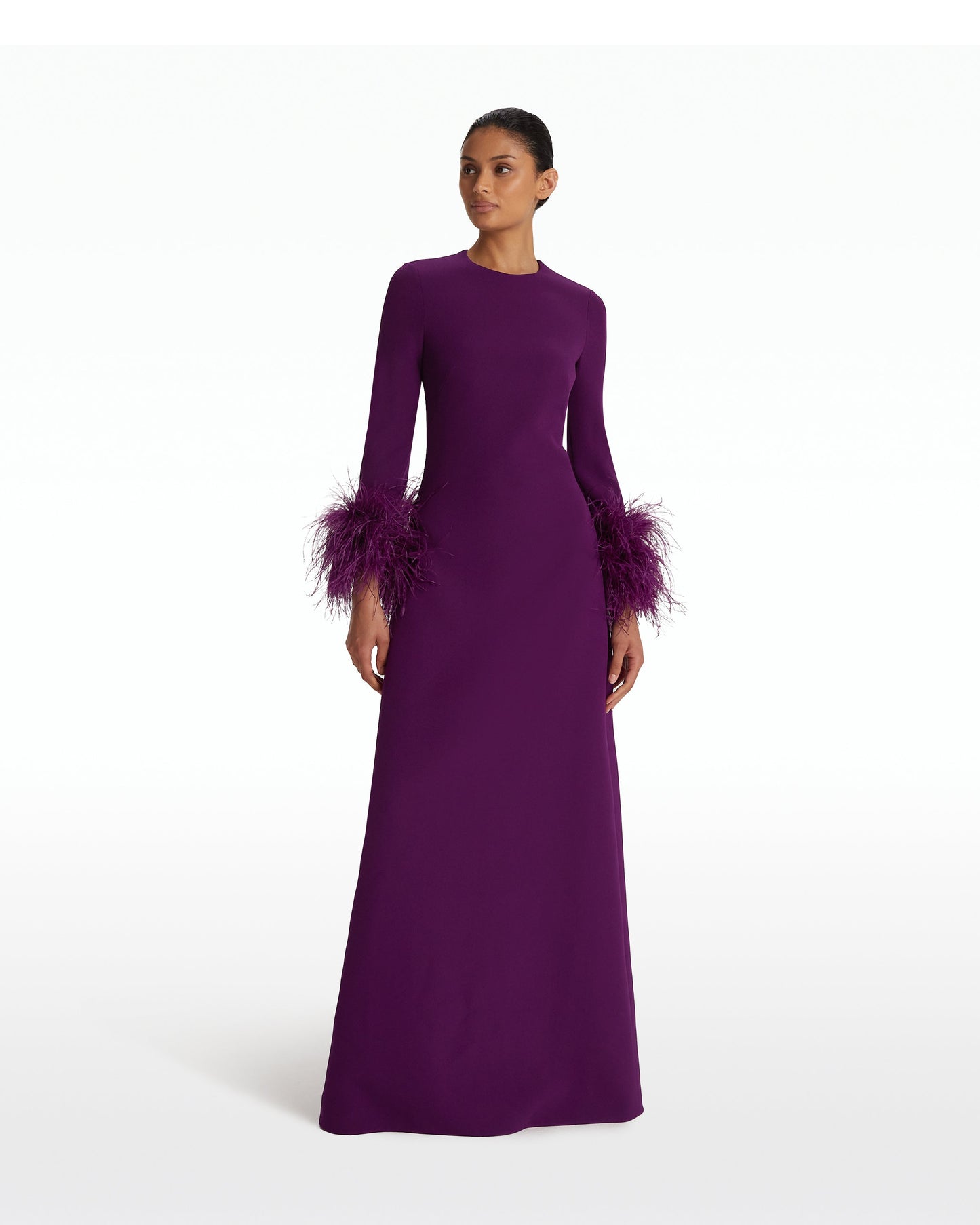 Renalla Currant Feather-Trimmed Long Dress