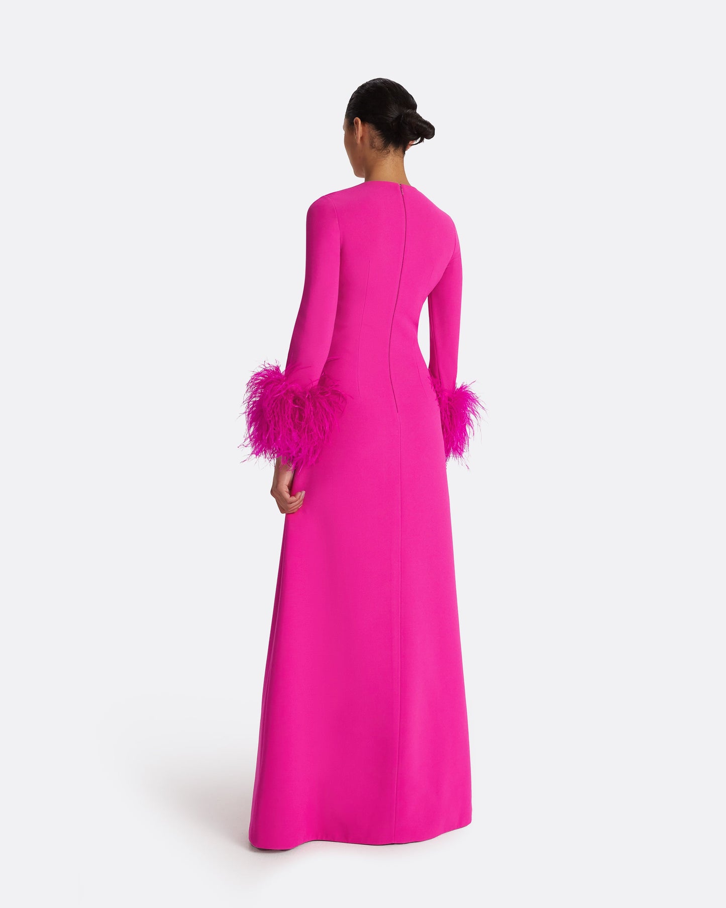 Renalla Wild Strawberry Feather-Trimmed Long Dress