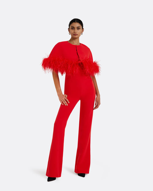 Kepuret Scarlet Red Feather-Trimmed Cape with Myrine Jumpsuit
