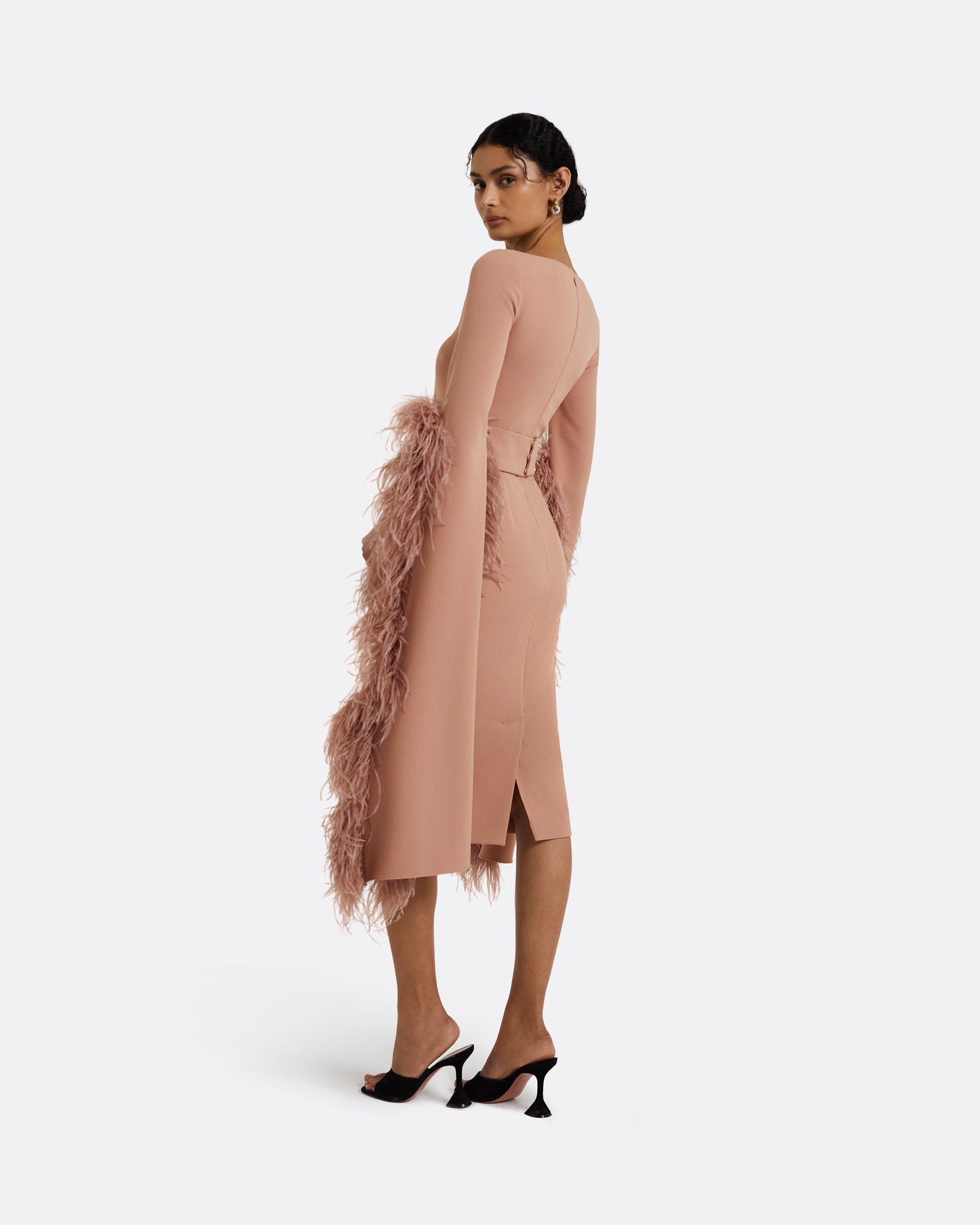 Octavia Dusty Pink Feather-Trimmed Midi Dress