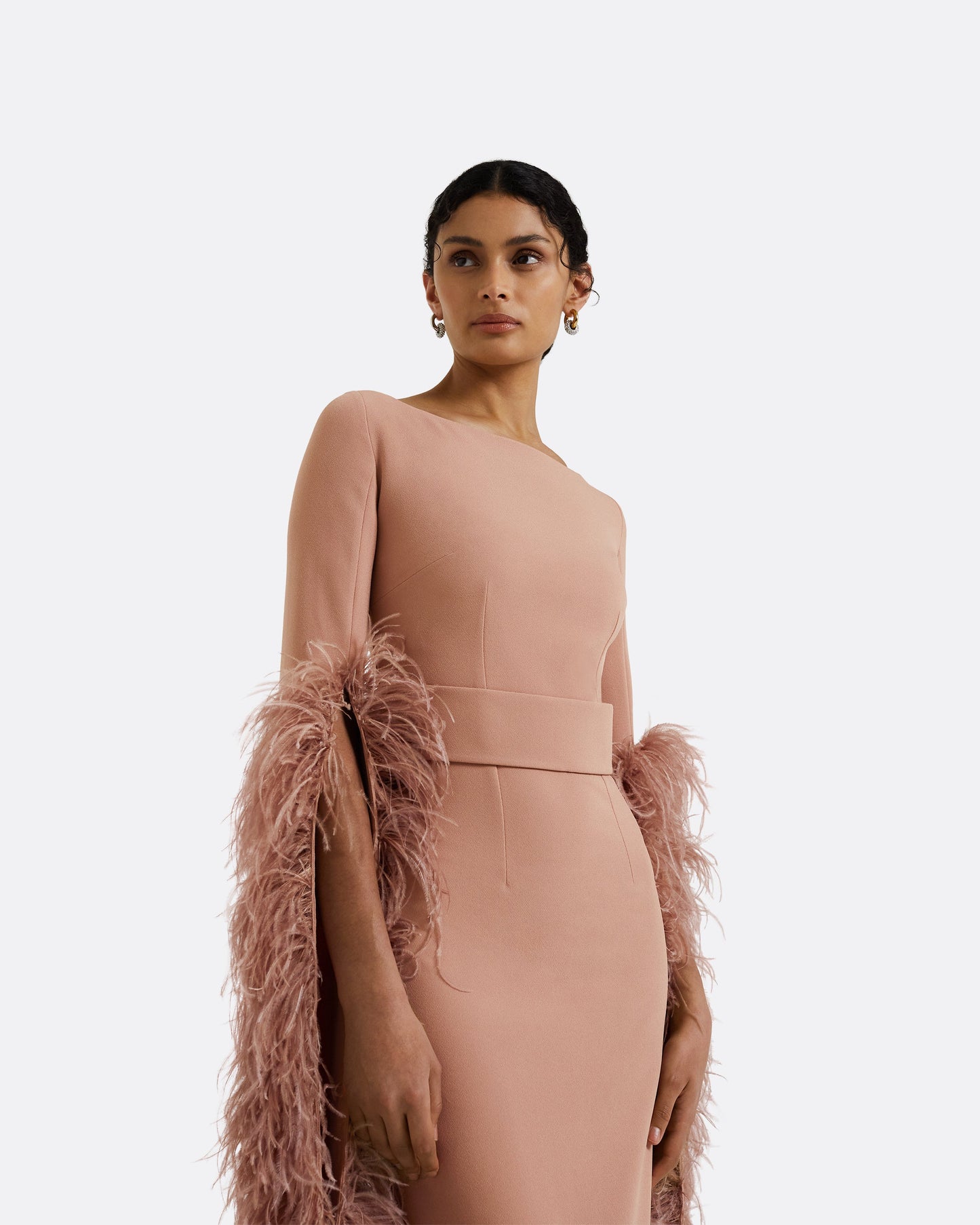 Octavia Dusty Pink Feather-Trimmed Midi Dress