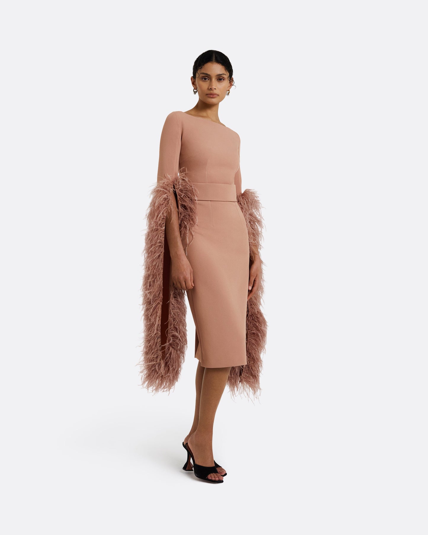 Octavia Dusty Pink Feather-Trimmed Midi Dress
