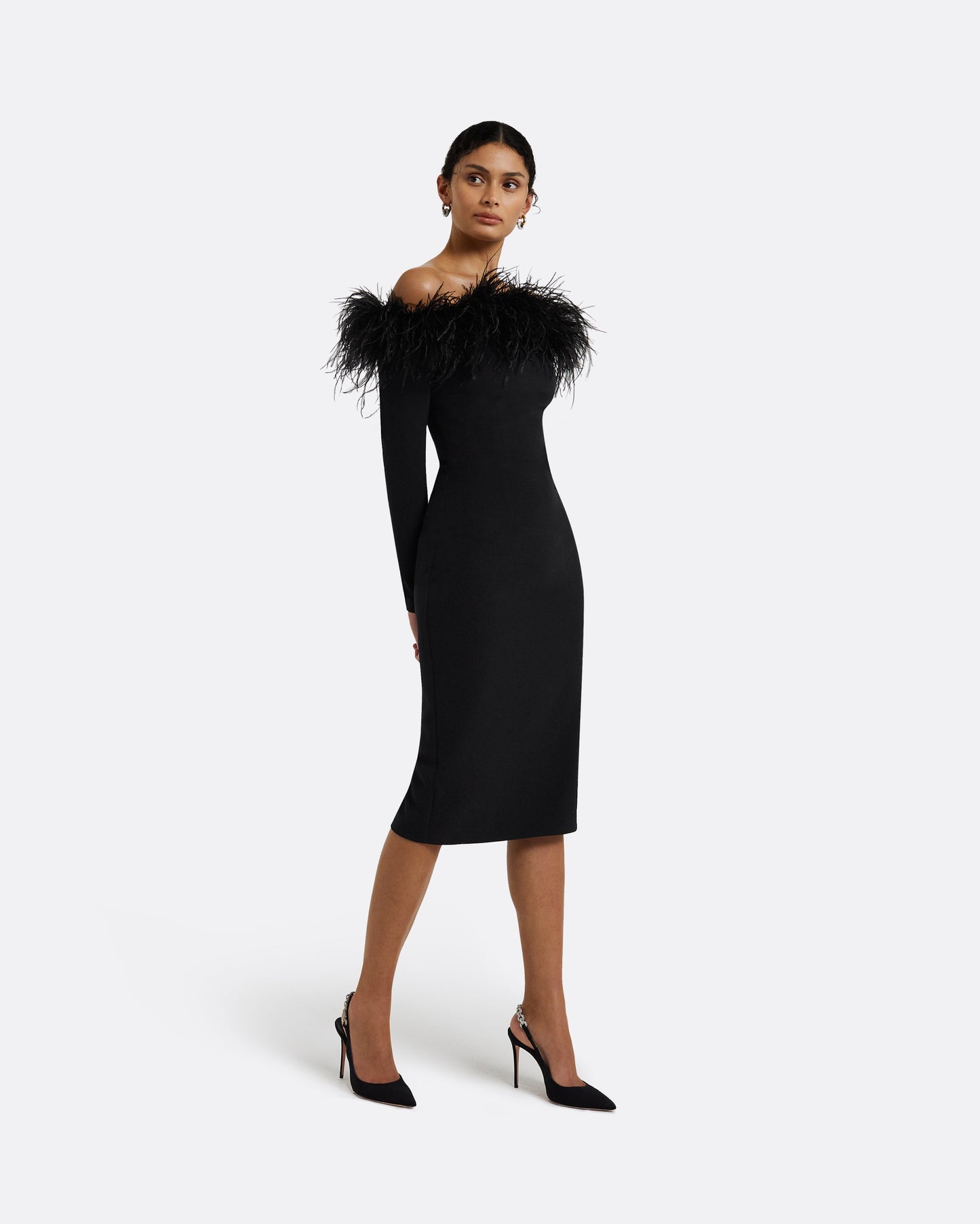 Starling Black Feather-Trimmed Midi Dress