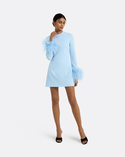 Rena Pale Blue Feather-Trimmed Short Dress