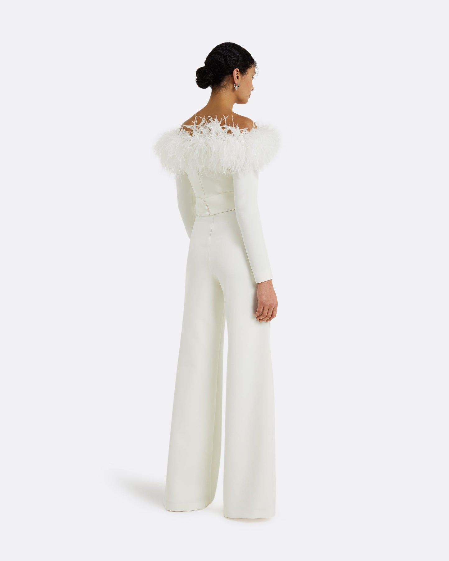 Veasna Ivory Feather-Trimmed Jumpsuit