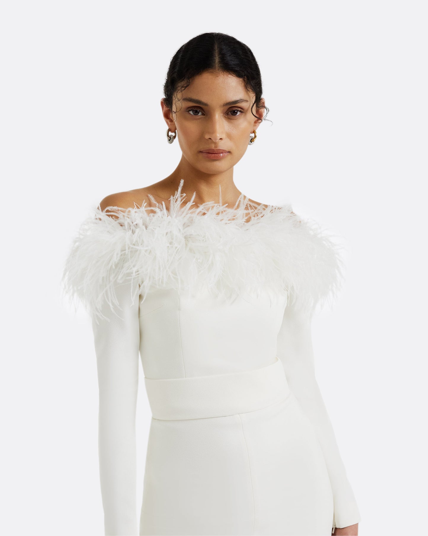 Veasna Ivory Feather-Trimmed Jumpsuit