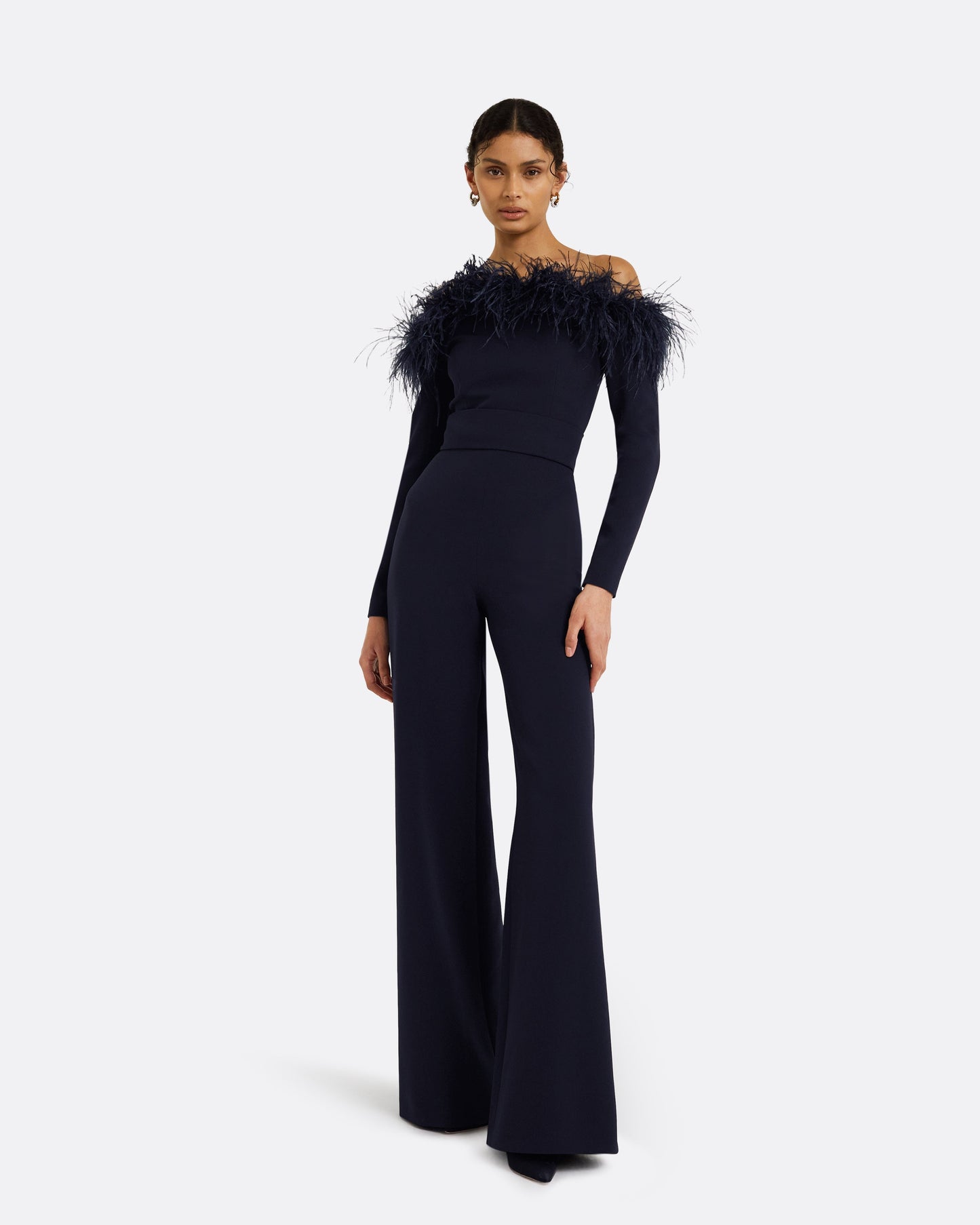 Veasna Midnight Navy Feather-Trimmed Jumpsuit