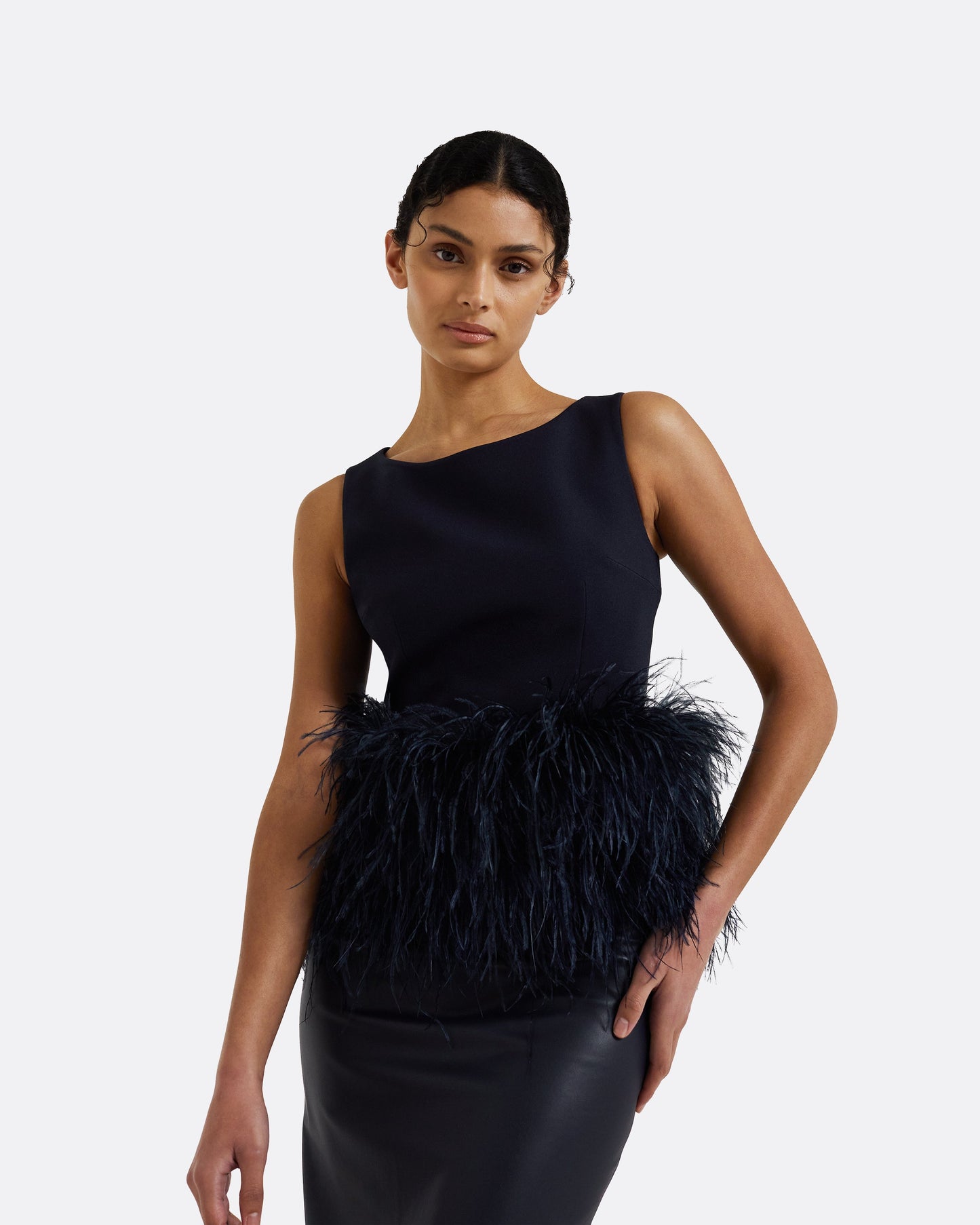 Tessa Midnight Navy Feather-Trimmed Top