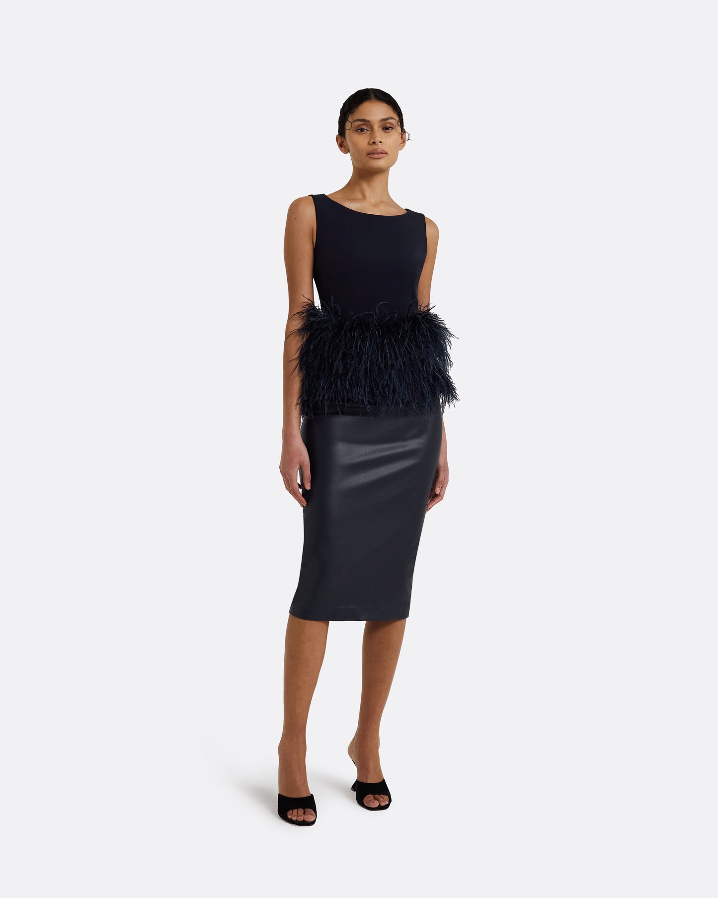 Tessa Midnight Navy Feather-Trimmed Top