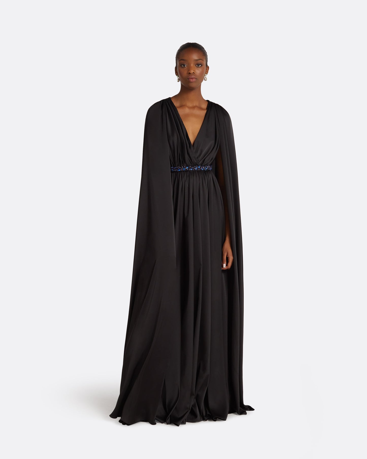 Bianca Black Long Dress With Embroidered Belt