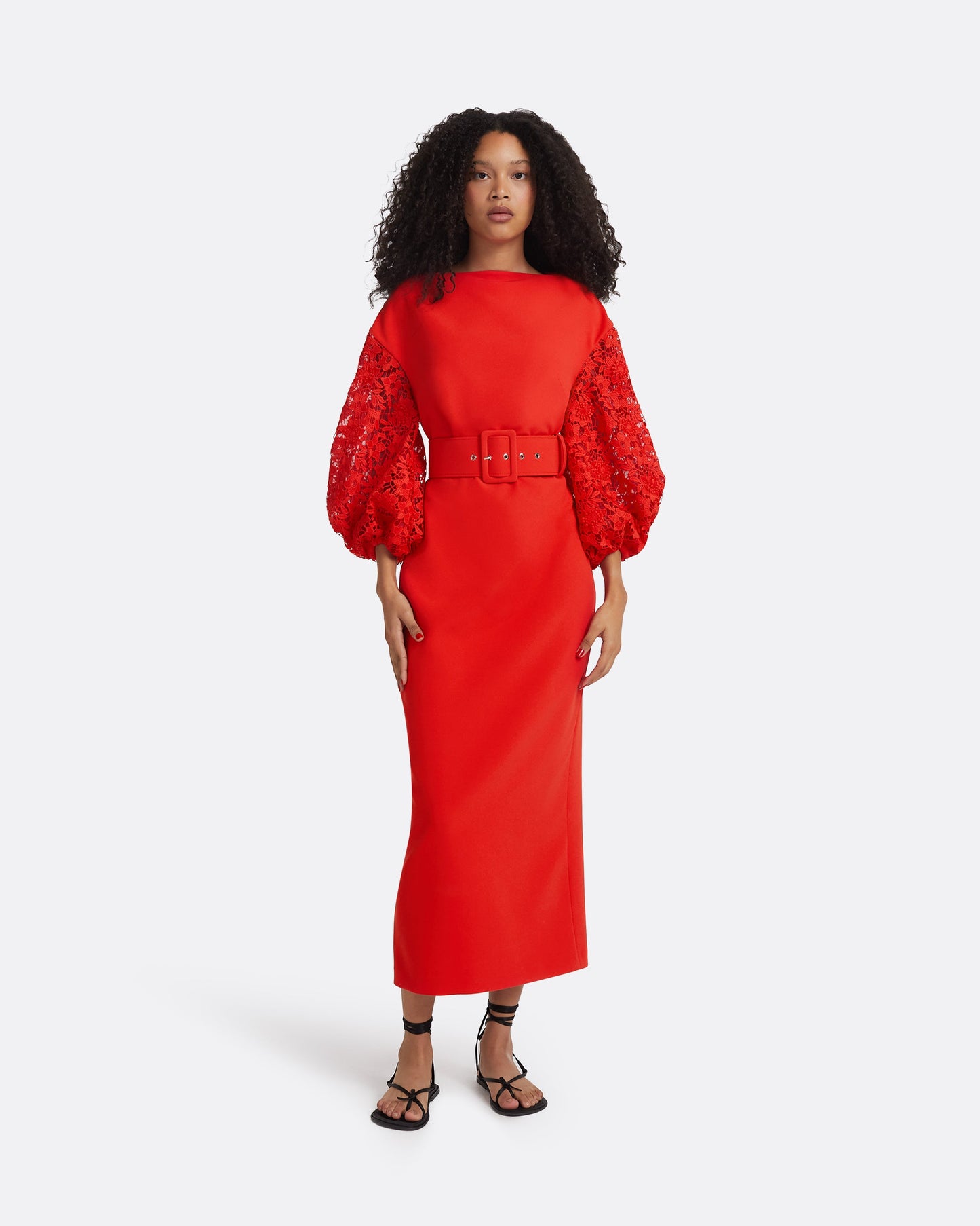 Amiee Lacquer Red Midi Dress With Belt