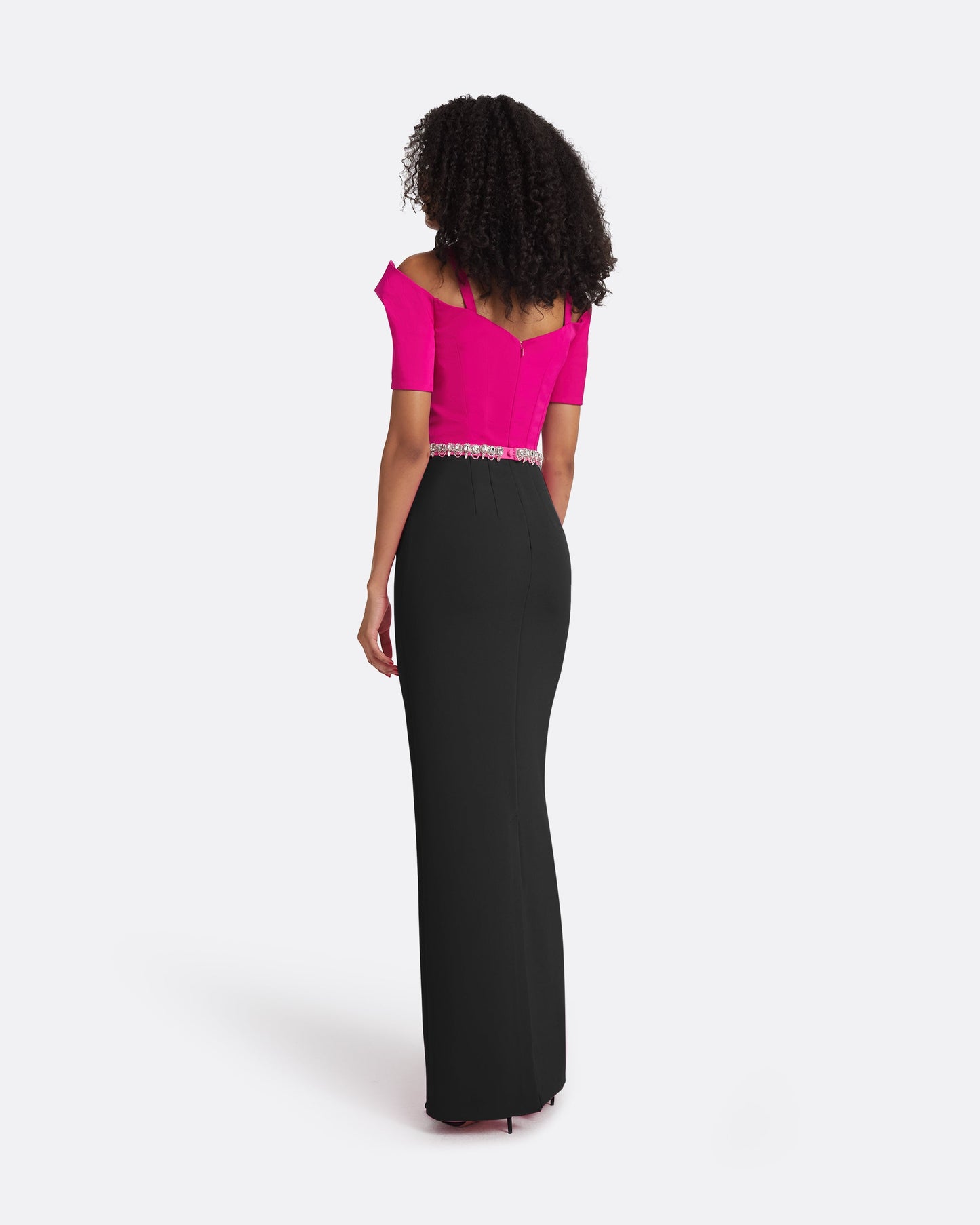 Caran Beverley & Black Long Dress With Embroidered Belt