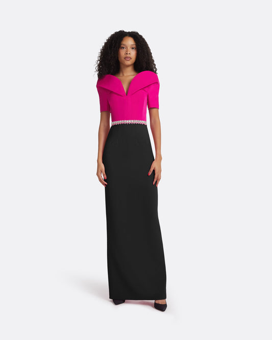 Caran Beverley & Black Long Dress With Embroidered Belt