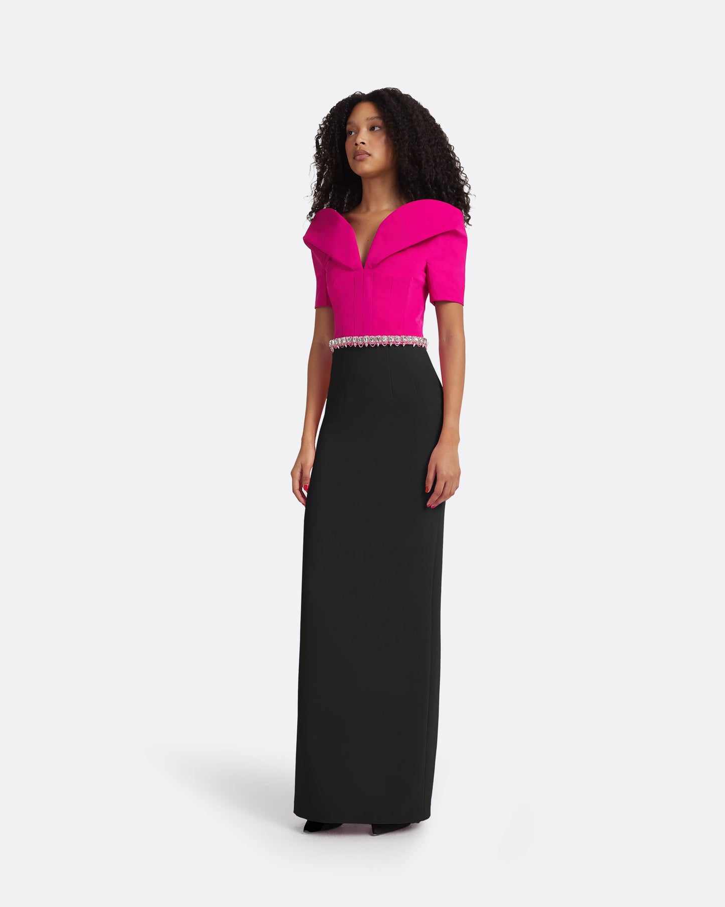 Caran Beverley & Black Long Dress With Embroidered Belt