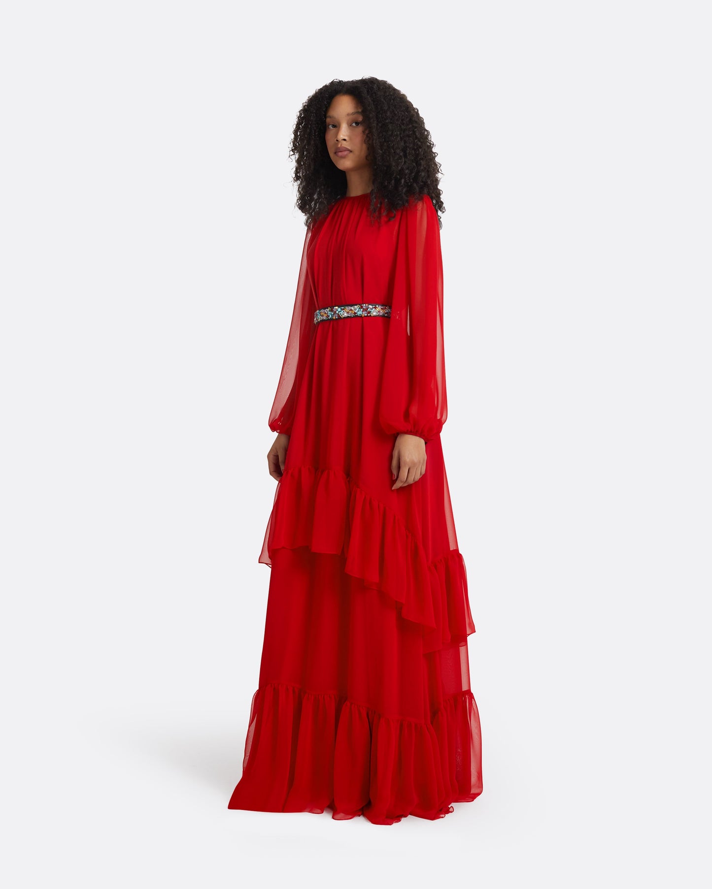 Affiyah Lacquer Red Long Dress With Embroidered Belt
