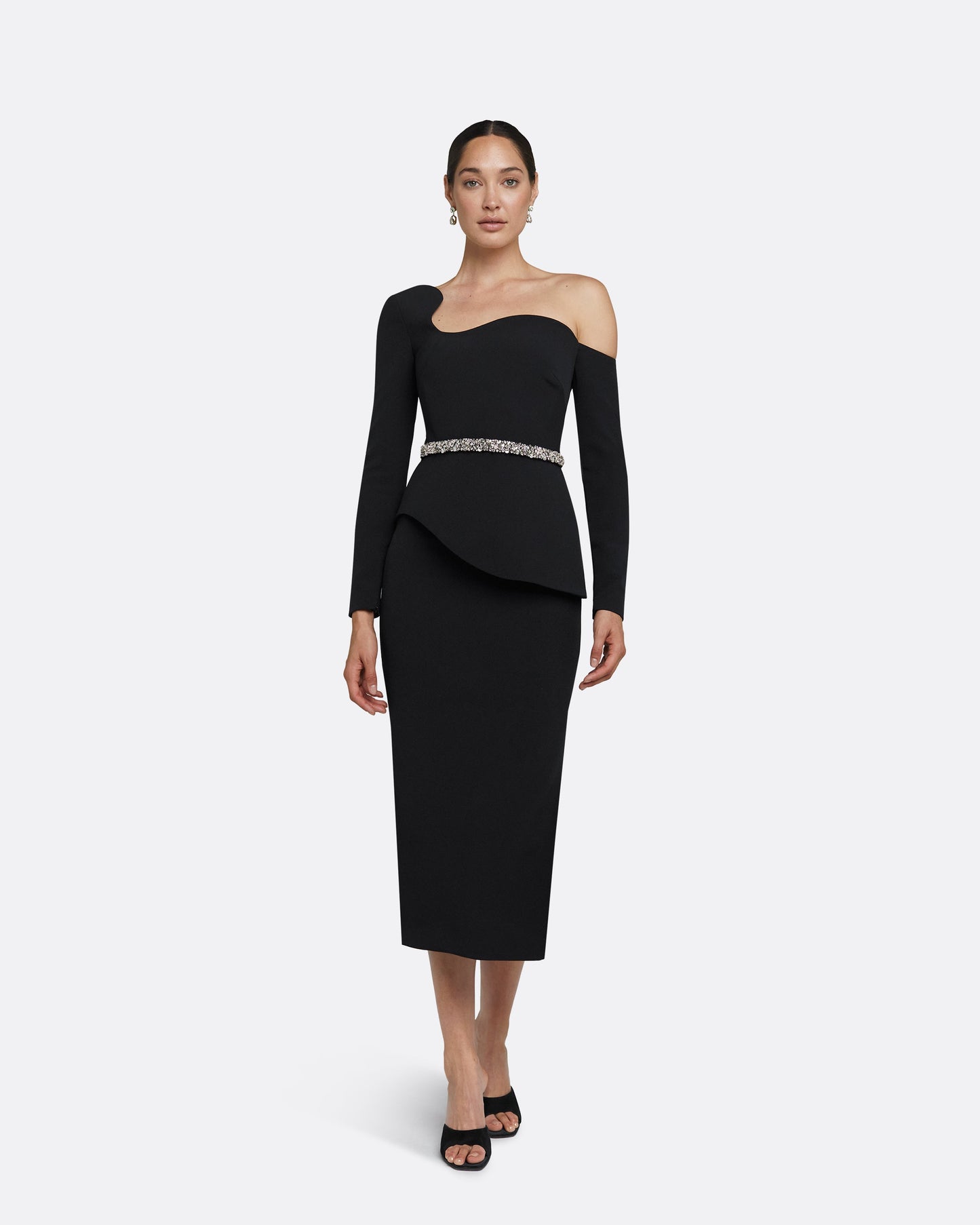 Constanza Black Midi Dress With Embroidered Belt