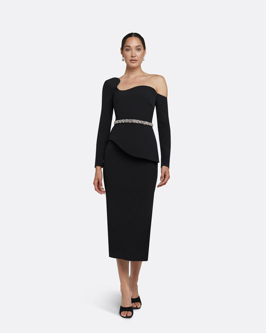 Constanza Black Midi Dress With Embroidered Belt