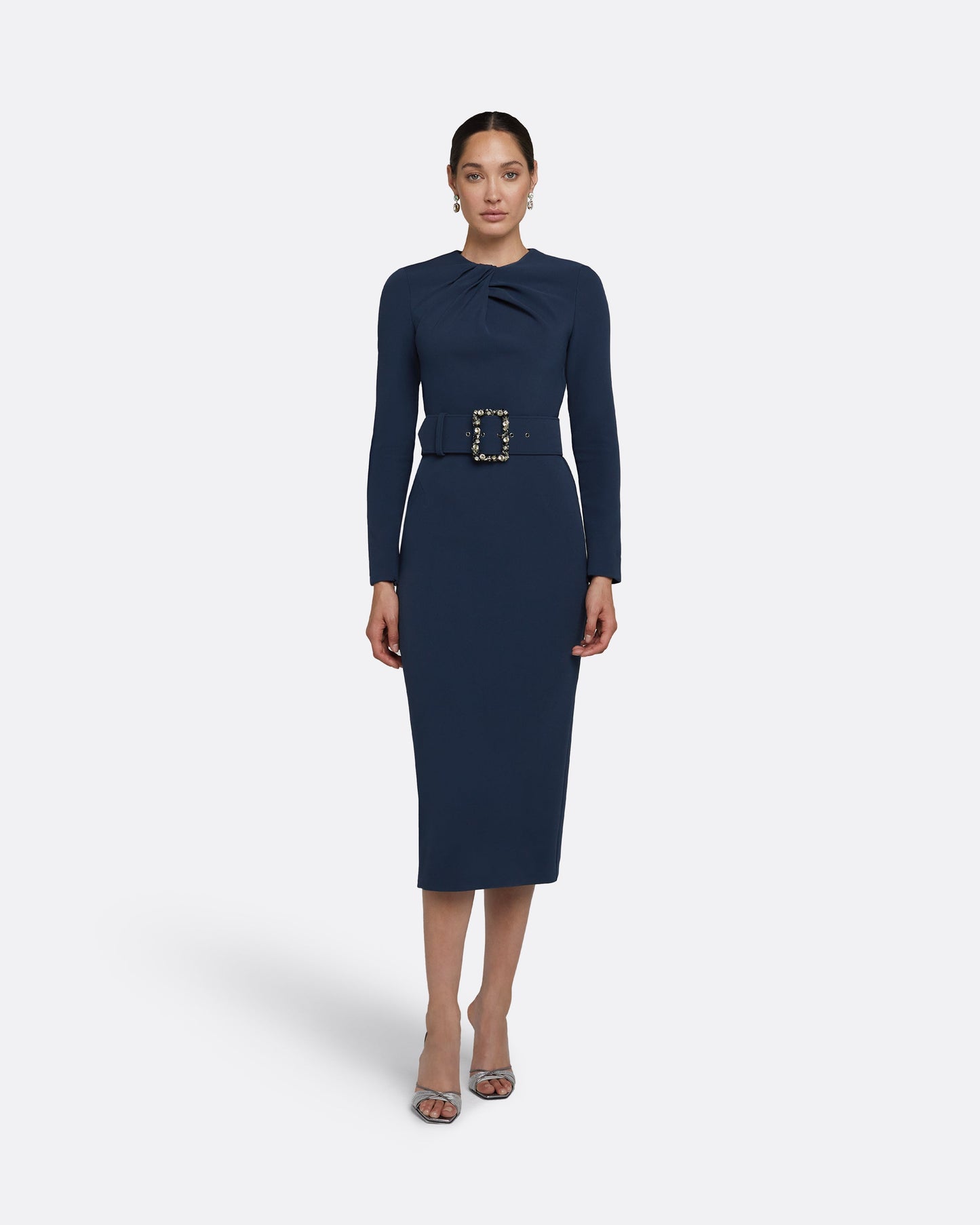 Brunna Ink Blue Midi Dress With Embroidered Belt