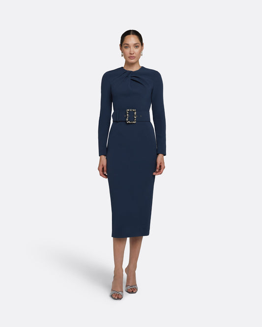 Brunna Ink Blue Midi Dress With Embroidered Belt