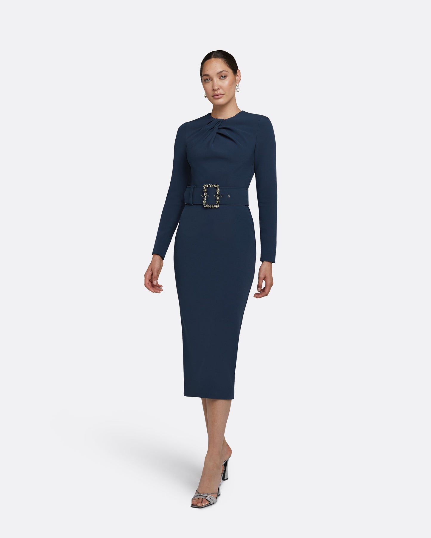 Brunna Ink Blue Midi Dress With Embroidered Belt