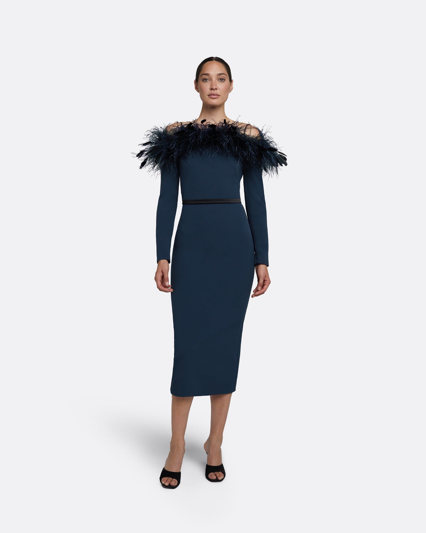 Vittoria Ink Blue Feather Trimmed Midi Dress