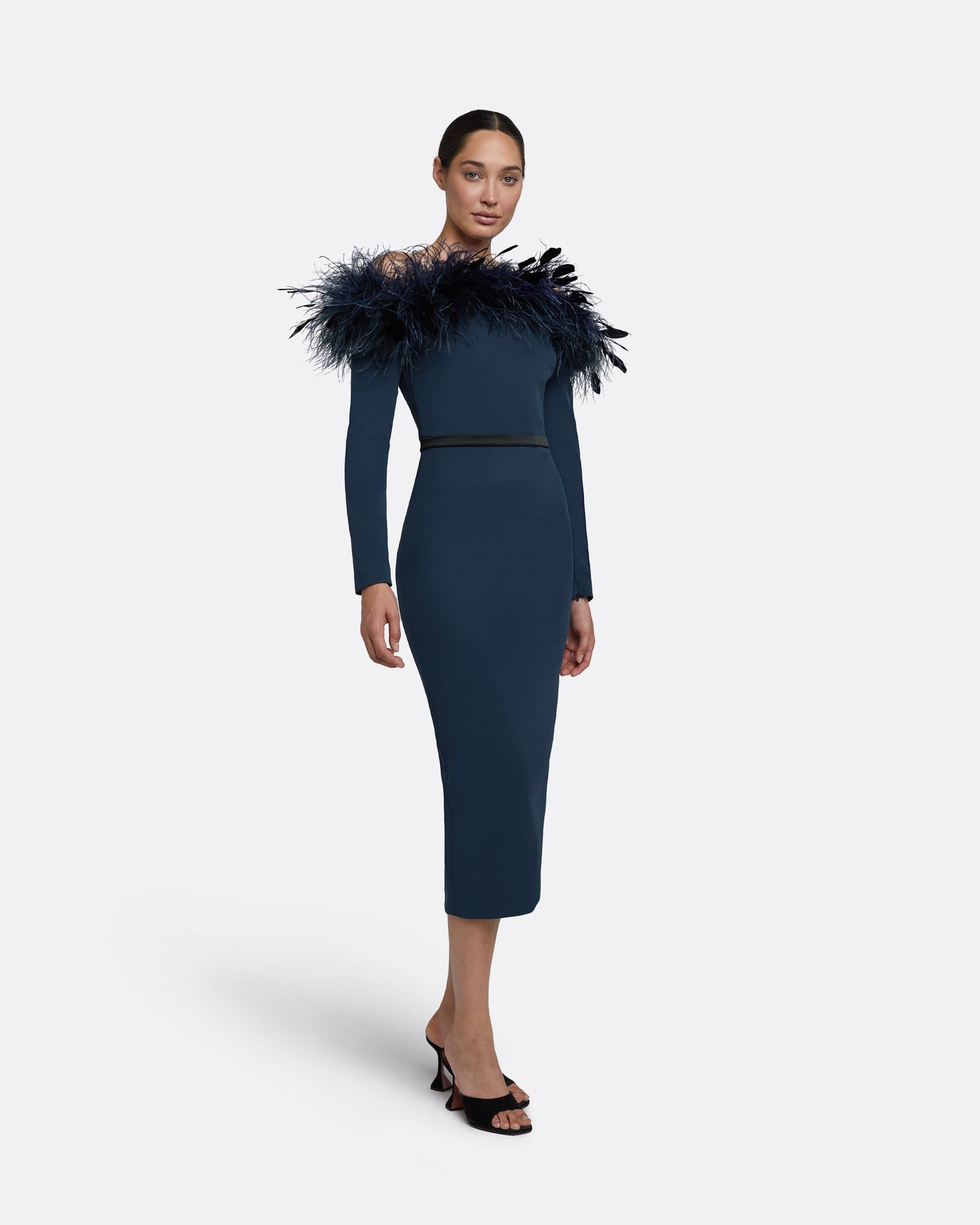 Vittoria Ink Blue Feather Trimmed Midi Dress