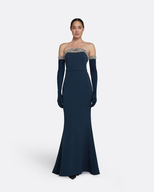 Donatella Ink Blue Long Dress With Antonia Gloves