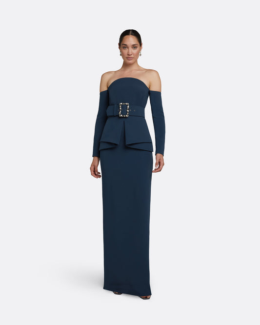 Giuliana Ink Blue Long Dress With Belt