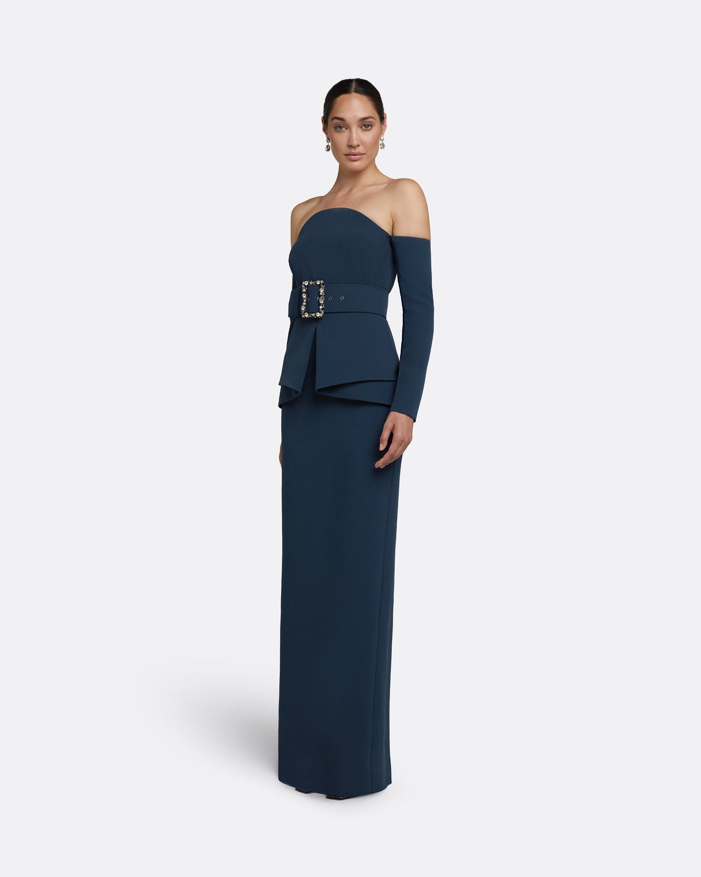 Giuliana Ink Blue Long Dress With Belt