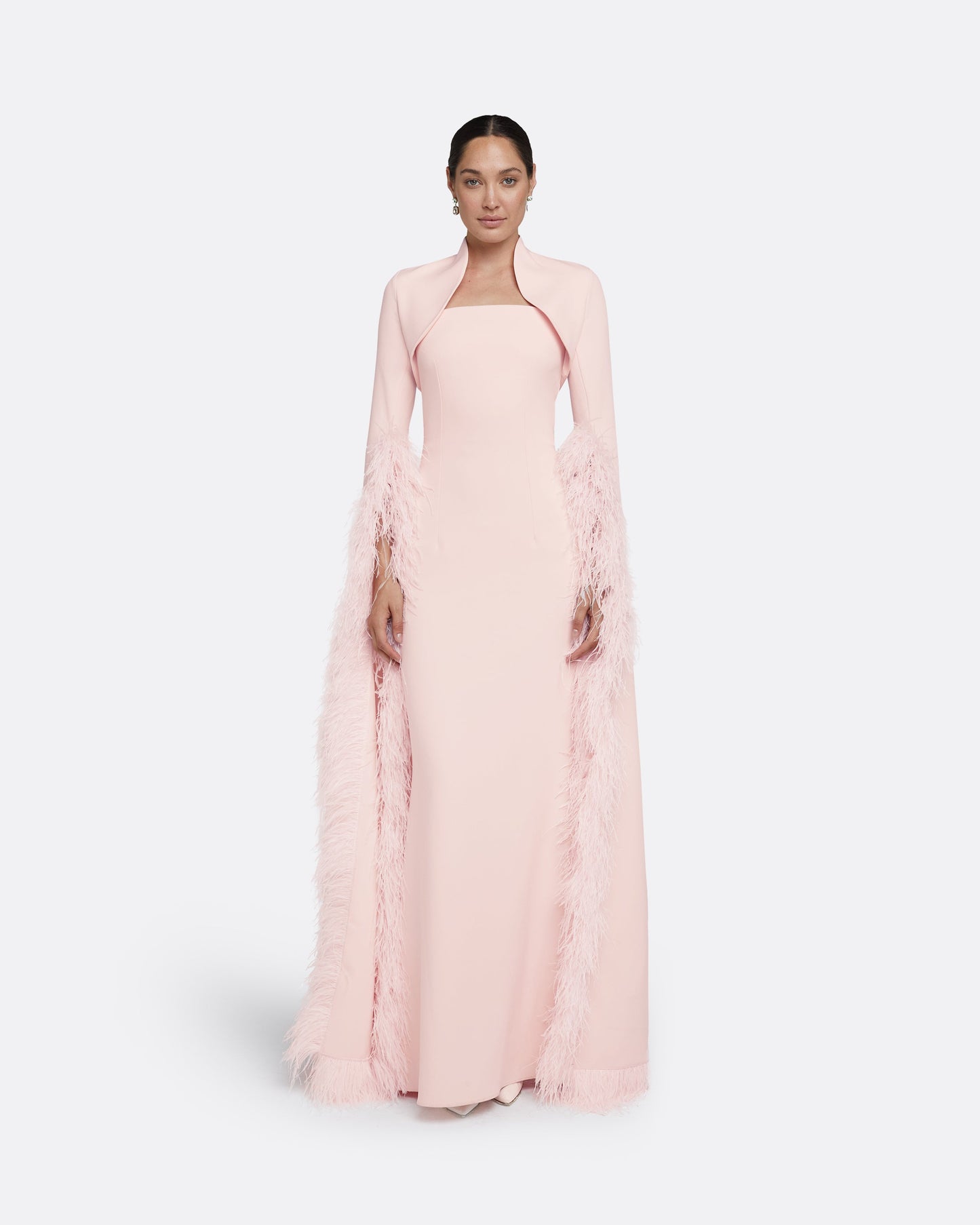 Amari Pale Pink Feather-Trimmed Bolero With Soshin Dress