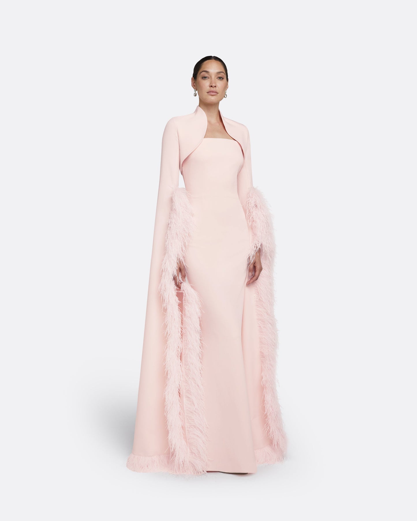 Amari Pale Pink Feather-Trimmed Bolero With Soshin Dress