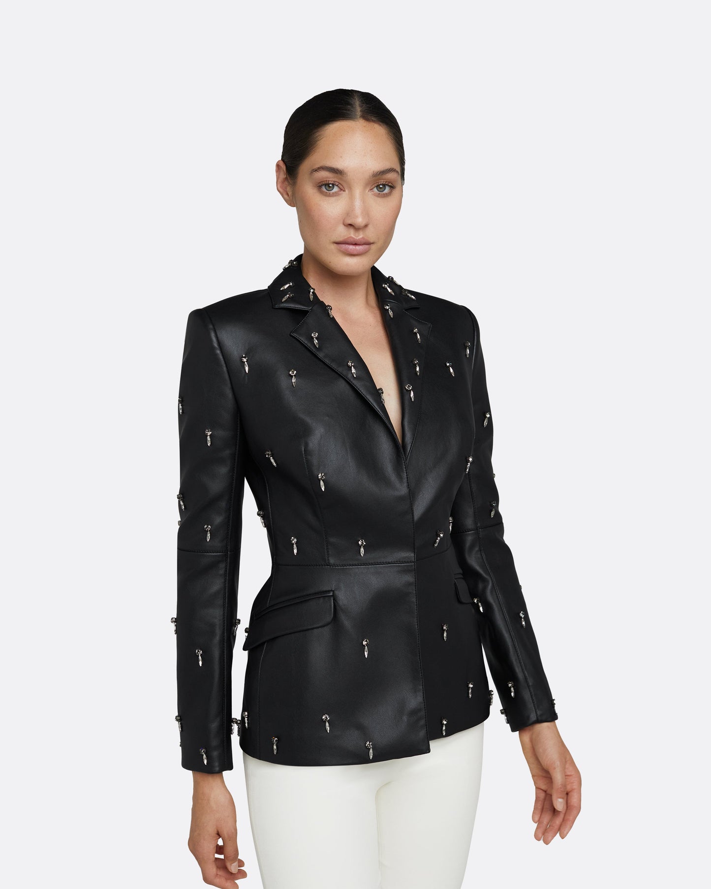Emma Black Vegan Leather Embroidered Jacket