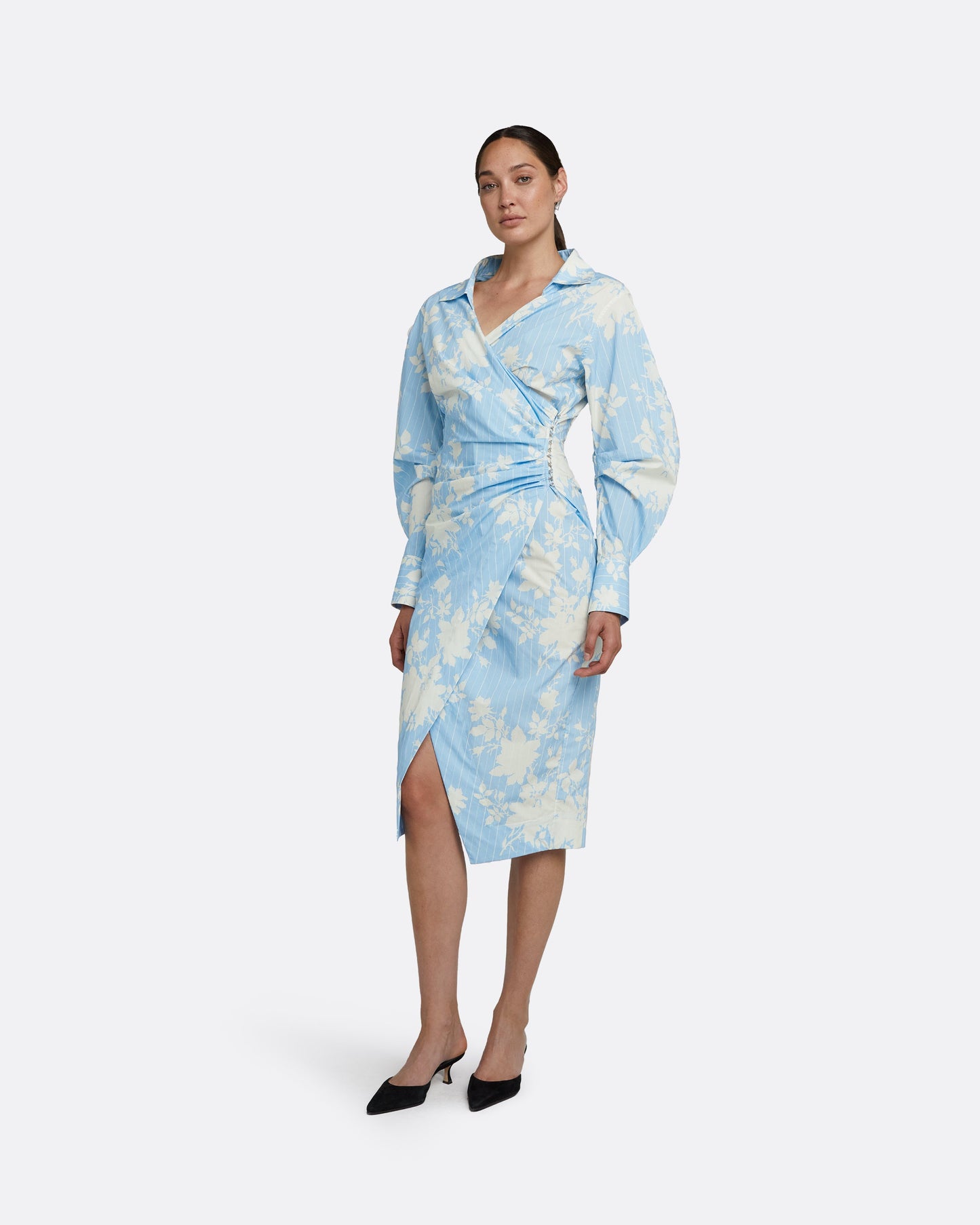 Oriana Pale Blue & White Midi Dress