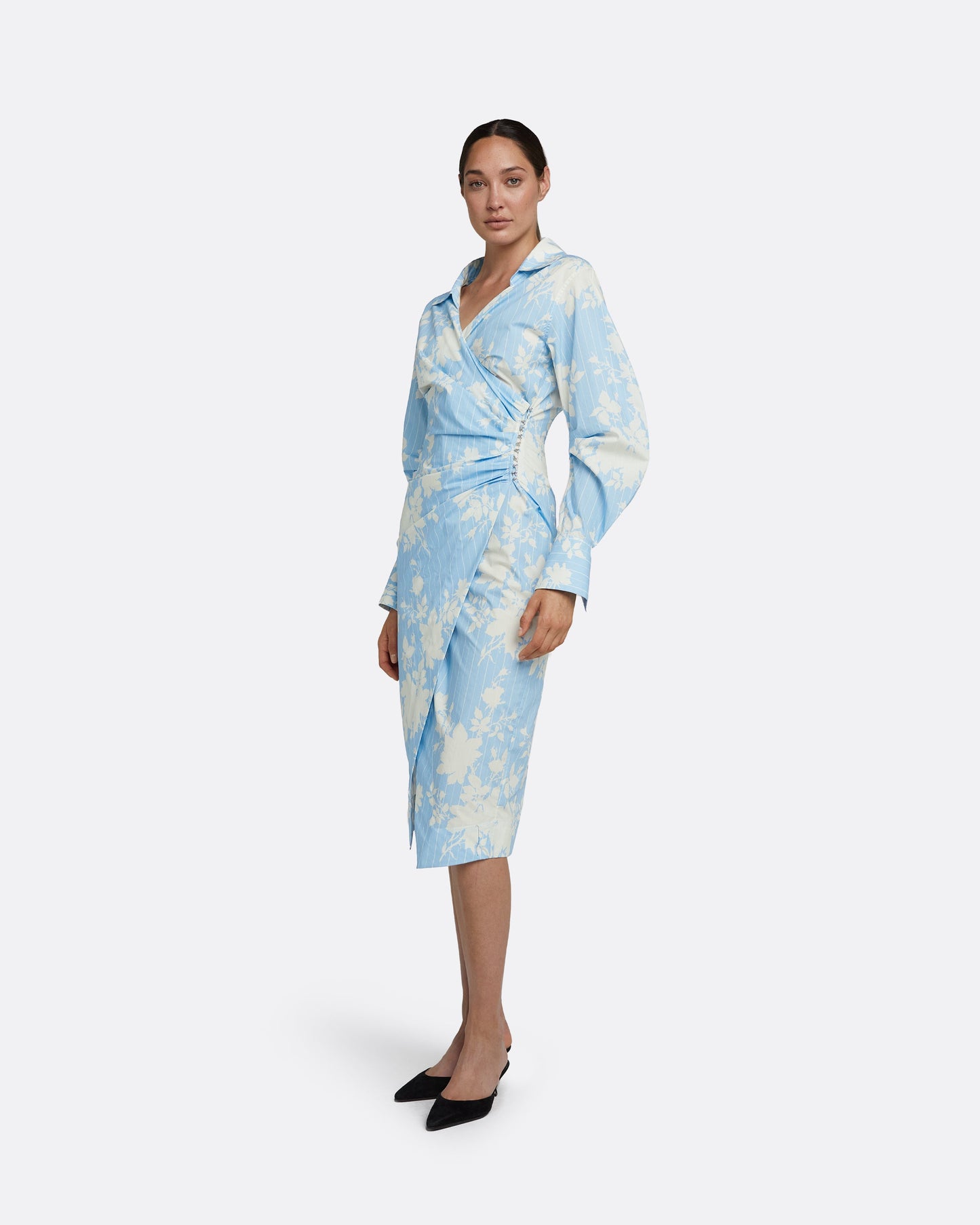 Oriana Pale Blue & White Midi Dress