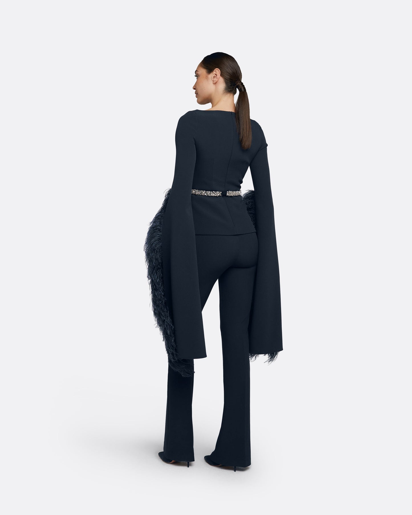 Tavia Midnight Navy Feather-Trimmed Top