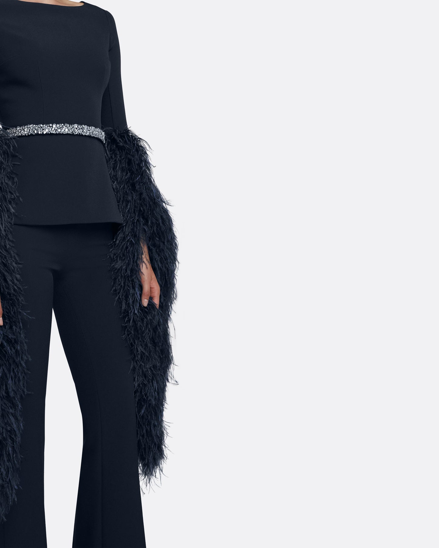 Tavia Midnight Navy Feather-Trimmed Top