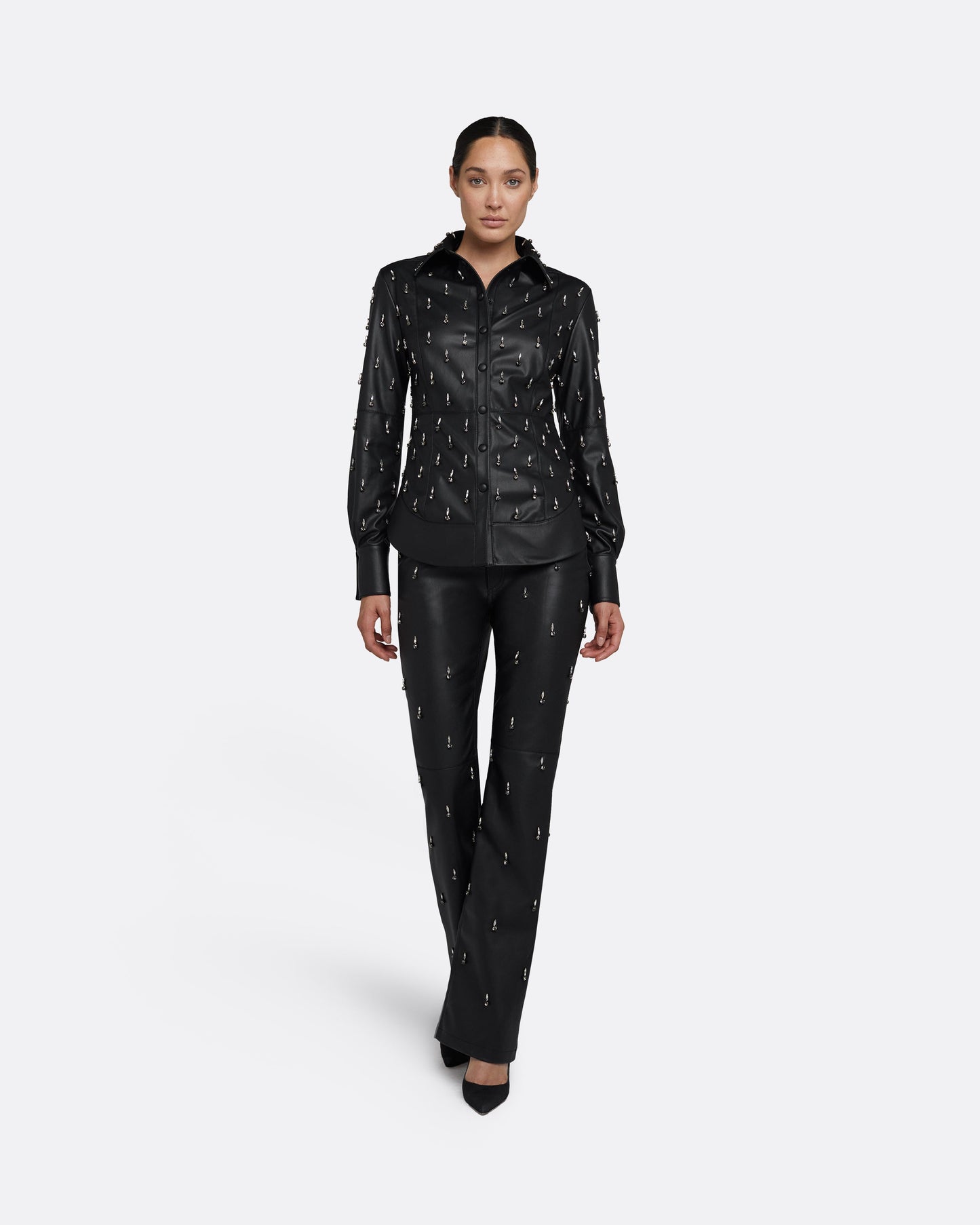 Ellie Black Vegan Leather Embroidered Top