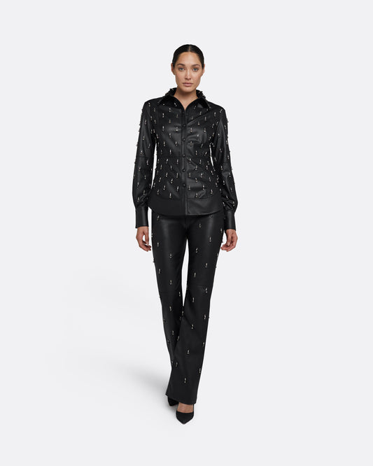 Ellie Black Vegan Leather Embroidered Top